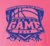 pink background with Sending Cancer to the Bench and Pink Out Game 2019 in blue