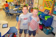Students dressed in red white and blue
