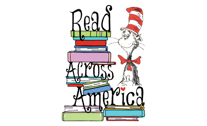 Read Across America stacked on books with Cat in the Hat